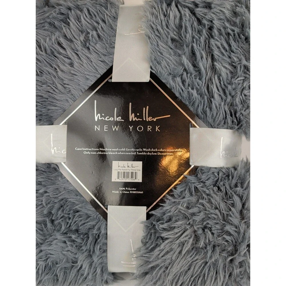Nicole Miller Faux High Pile  Fur Throw 50” by 60 Gray NWT